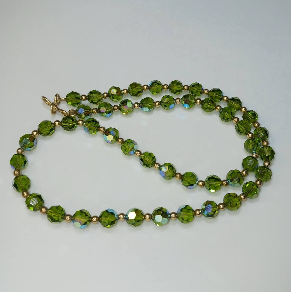 Faceted AB Crystal Glass Bead Green Peridot Color 15" Necklace